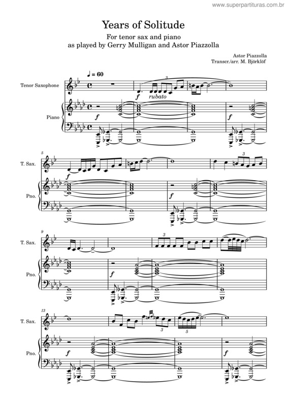 Partitura da música Years Of Solitude – Astor Piazzolla/Gerry Mulligan