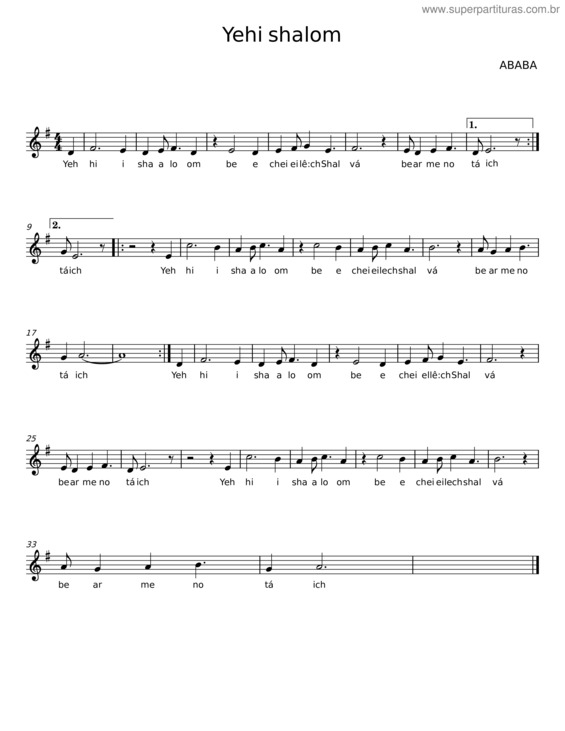 Partitura da música Yehi Shalom