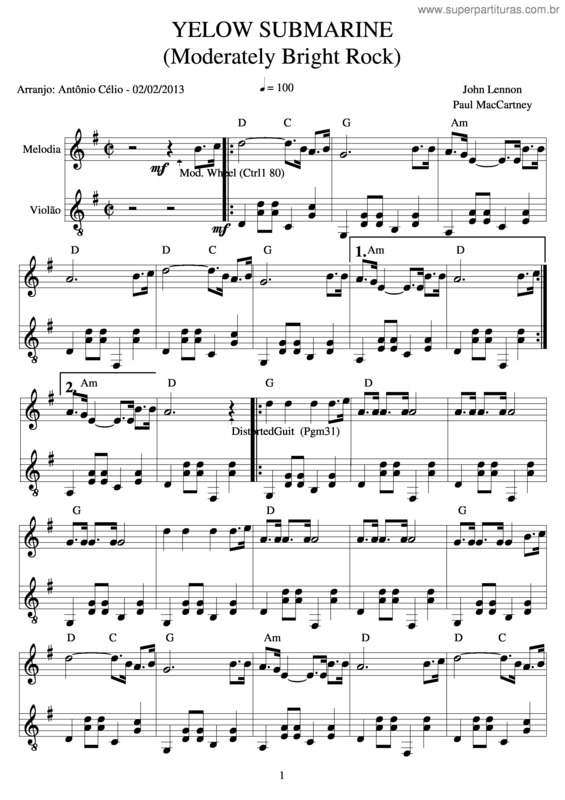 Partitura da música Yellow Submarine v.3