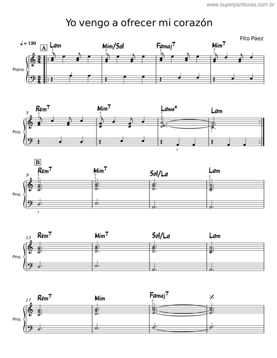 Partitura da música Yo Vengo A Ofrecer Mi Corazon – Fito Páez – Para Somatotropa – Lam
