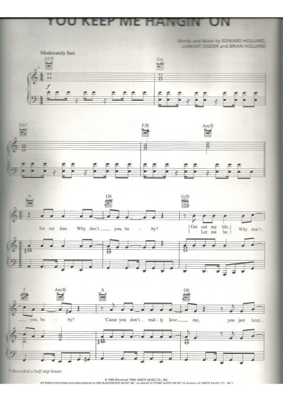 Partitura da música You Keep Me Hangin` On