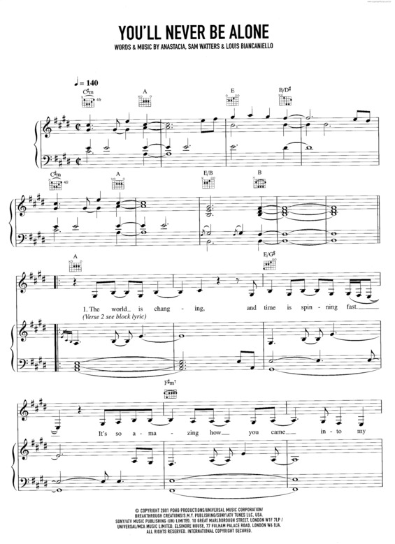 Partitura da música You`ll Never Be Alone