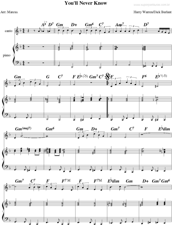 Partitura da música You`ll Never Know