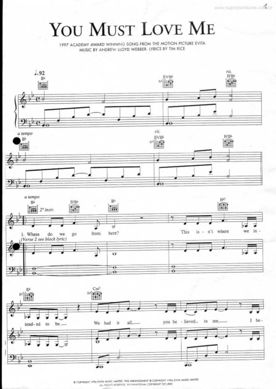 Partitura da música You Must Love Me (Evita)