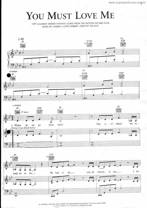 Partitura da música You Must Love Me