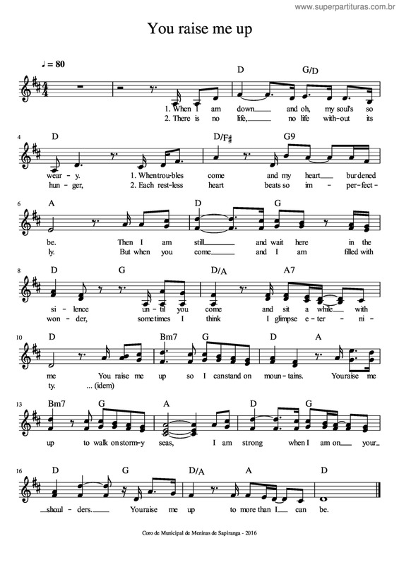 Partitura da música You Raise Me Up v.2