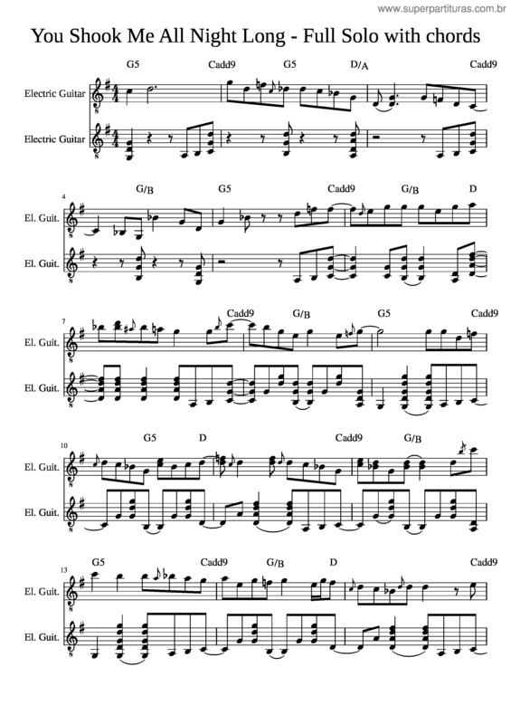 Partitura da música You Shook Me All Night Long Full Solo With Chords