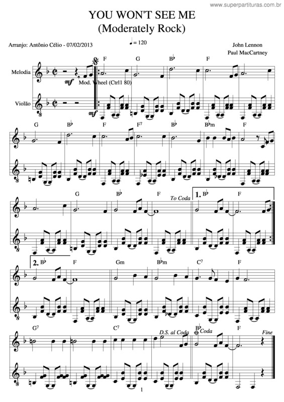 Partitura da música You Won`T See Me