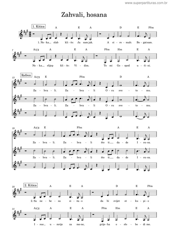 Partitura da música Zahvali, Hosana
