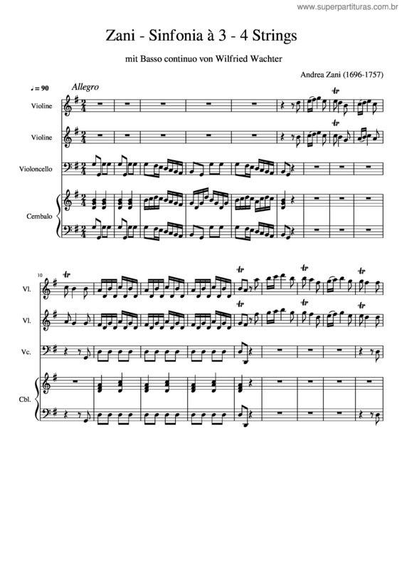 Partitura da música Zani – Sinfonia À 3 – 4 Strings