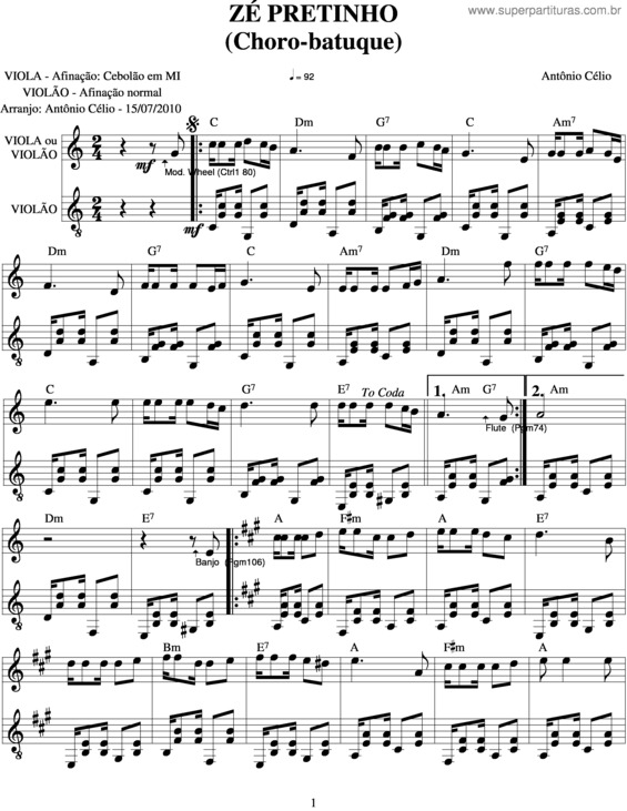 Partitura da música Zé Pretinhouque