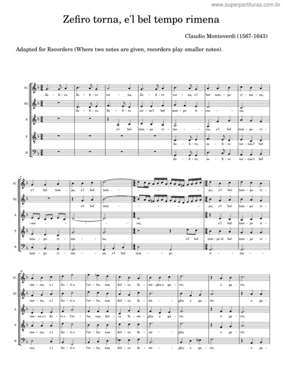 Partitura da música Zefiro Torna E`L Bel Tempo Rimena, Sv 108 – Claudio Monteverdi