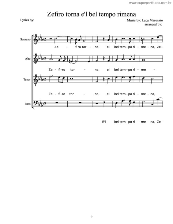 Partitura da música Zefiro Torna E`L Bel Tempo Rimena