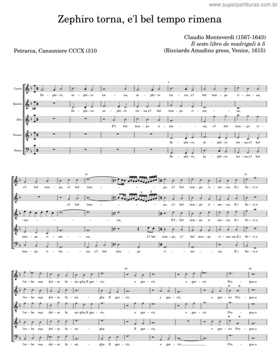 Partitura da música Zephiro Torna, E `L Bel Tempo Rimena – Claudio Monteverdi v.2