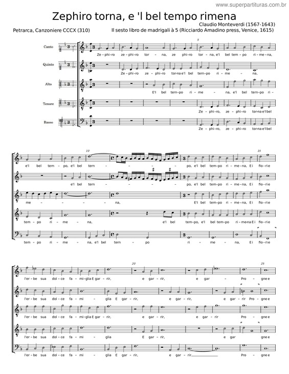 Partitura da música Zephiro Torna, E `L Bel Tempo Rimena – Claudio Monteverdi